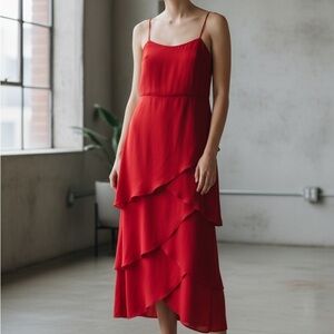 Asymmetrical Red Tiered Slip Dress with Spaghetti Straps